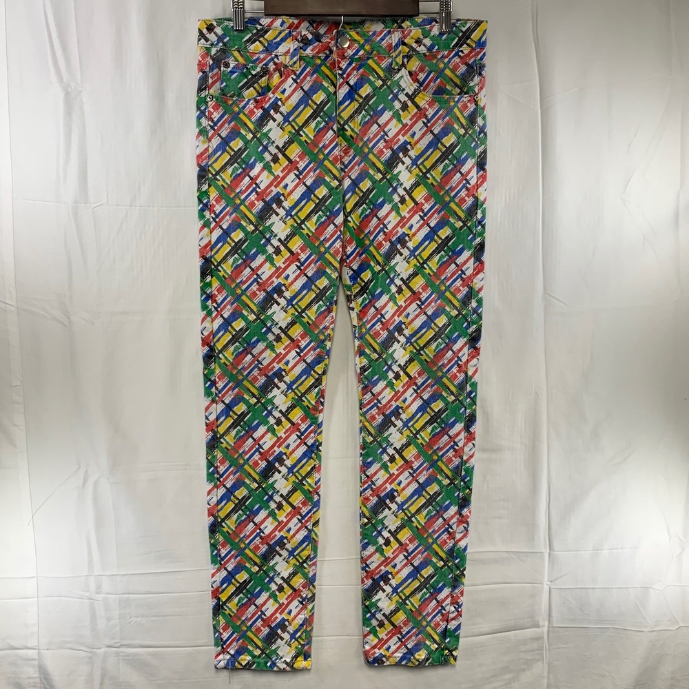 Wulful Jeans Mens 34 Multicolor Abstract Plaid Print Slim Fit Stretch Denim